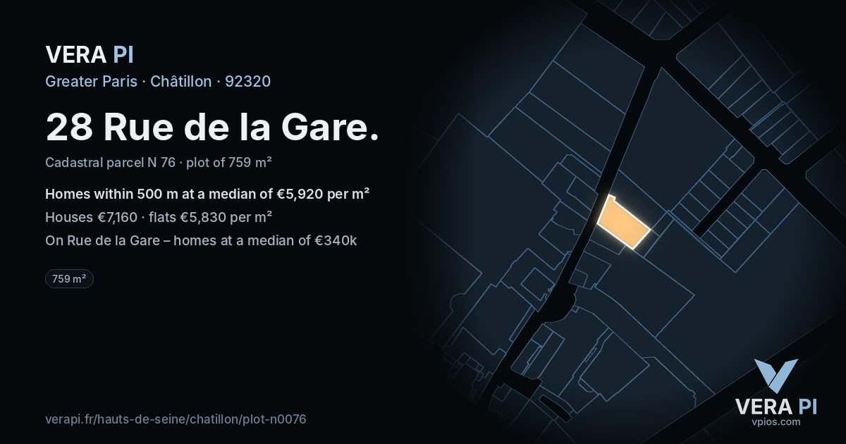 28 Rue de la Gare, Châtillon at night – the plot lit, the parcels around coloured by the prices near them