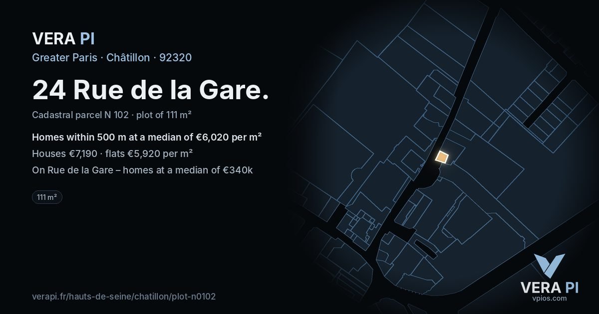 24 Rue de la Gare, Châtillon at night – the plot lit, the parcels around coloured by the prices near them
