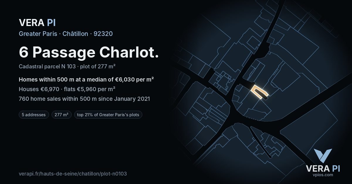 6 Passage Charlot, Châtillon at night – the plot lit, the parcels around coloured by the prices near them