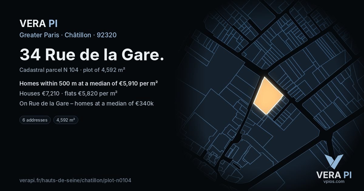 34 Rue de la Gare, Châtillon at night – the plot lit, the parcels around coloured by the prices near them
