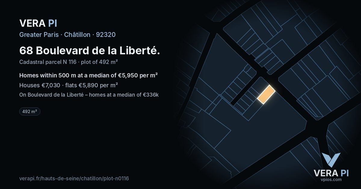 68 Boulevard de la Liberté, Châtillon at night – the plot lit, the parcels around coloured by the prices near them