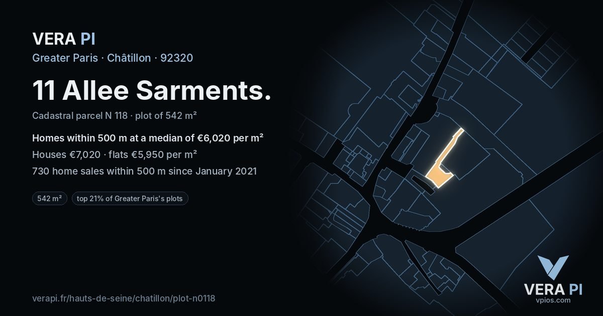 11 Allee Sarments, Châtillon at night – the plot lit, the parcels around coloured by the prices near them