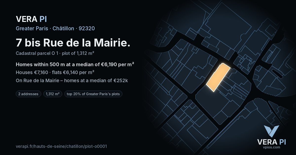 7 bis Rue de la Mairie, Châtillon at night – the plot lit, the parcels around coloured by the prices near them