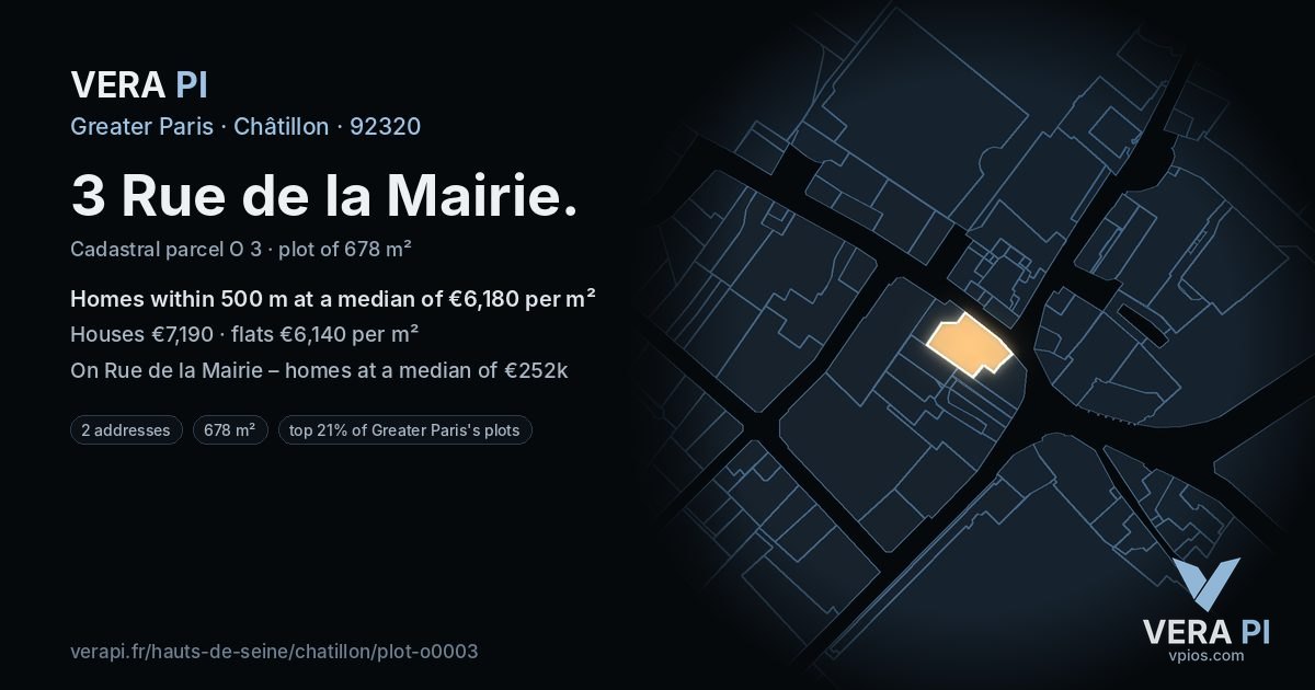 3 Rue de la Mairie, Châtillon at night – the plot lit, the parcels around coloured by the prices near them