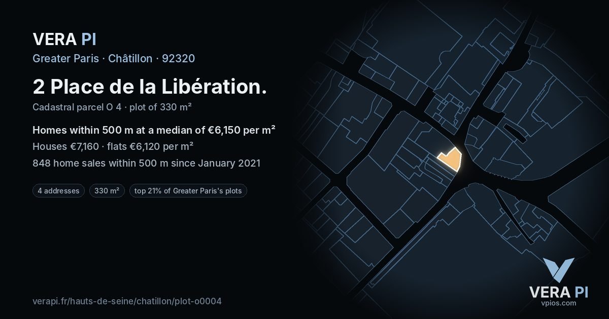 2 Place de la Libération, Châtillon at night – the plot lit, the parcels around coloured by the prices near them
