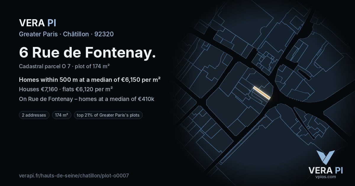 6 Rue de Fontenay, Châtillon at night – the plot lit, the parcels around coloured by the prices near them
