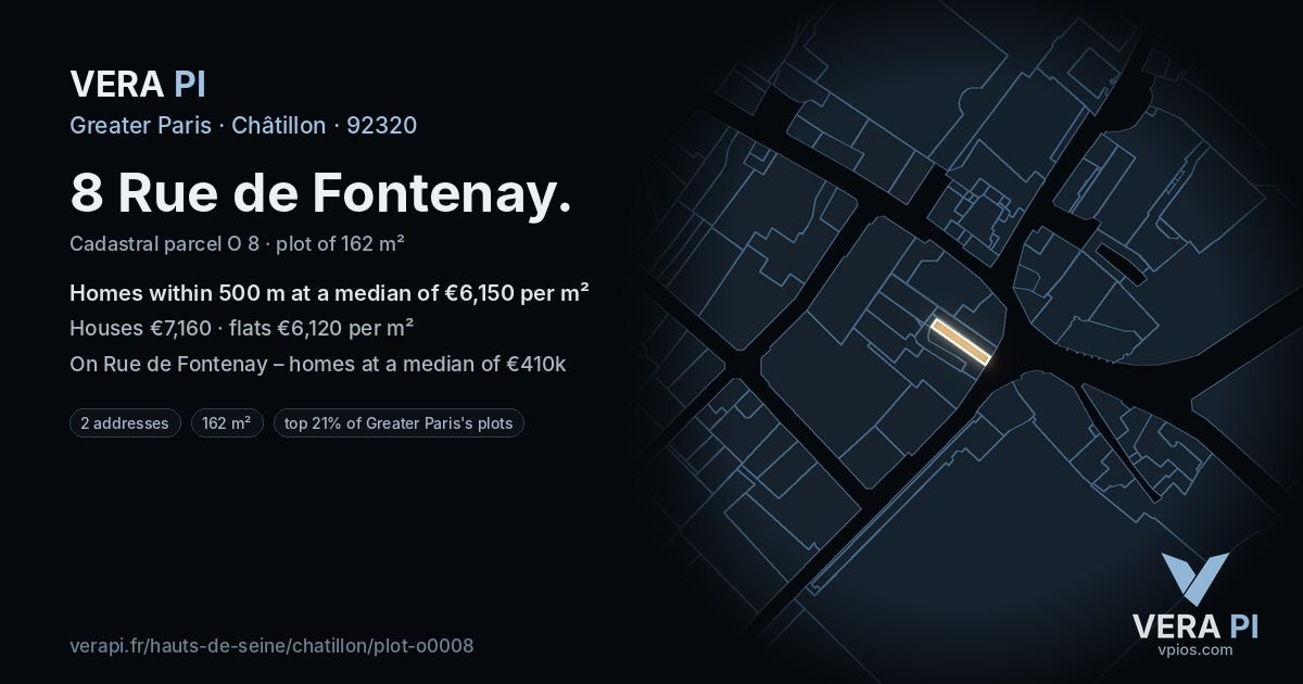 8 Rue de Fontenay, Châtillon at night – the plot lit, the parcels around coloured by the prices near them
