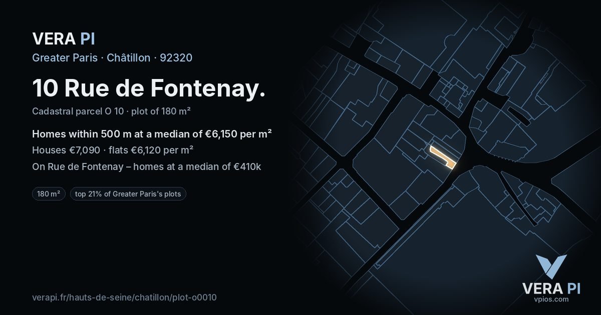 10 Rue de Fontenay, Châtillon at night – the plot lit, the parcels around coloured by the prices near them