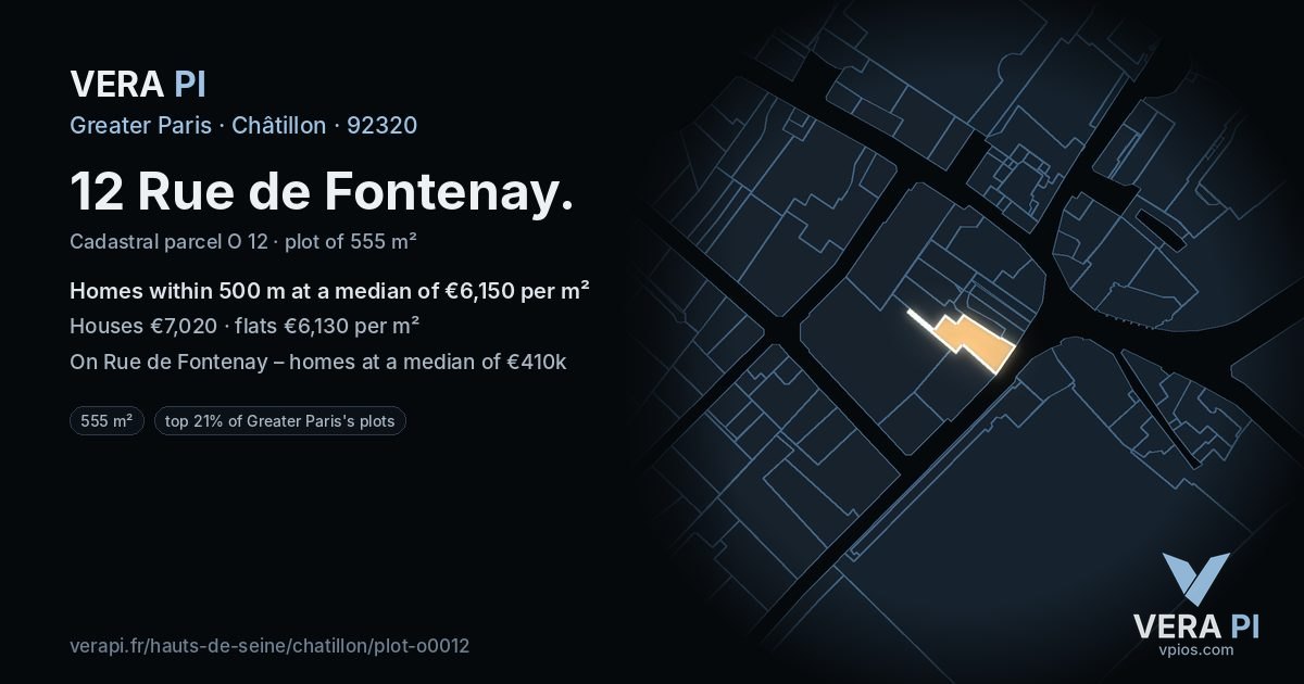 12 Rue de Fontenay, Châtillon at night – the plot lit, the parcels around coloured by the prices near them