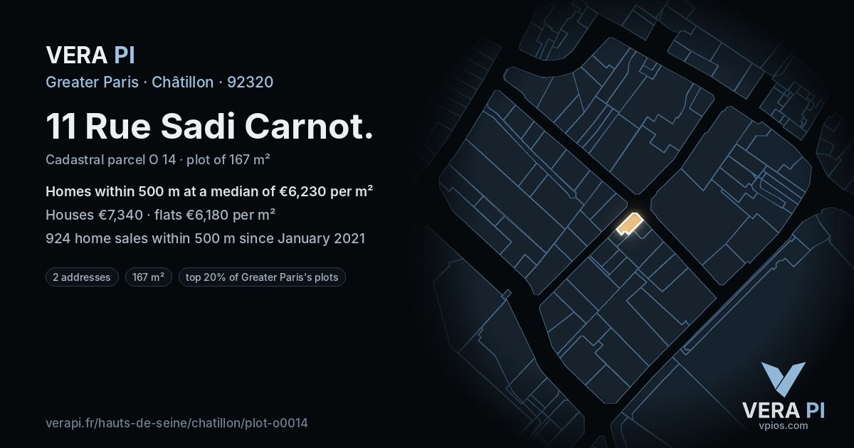 11 Rue Sadi Carnot, Châtillon at night – the plot lit, the parcels around coloured by the prices near them