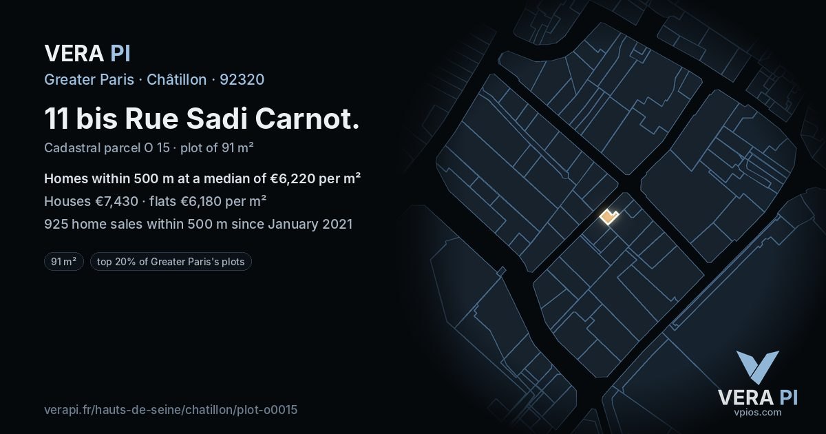 11 bis Rue Sadi Carnot, Châtillon at night – the plot lit, the parcels around coloured by the prices near them