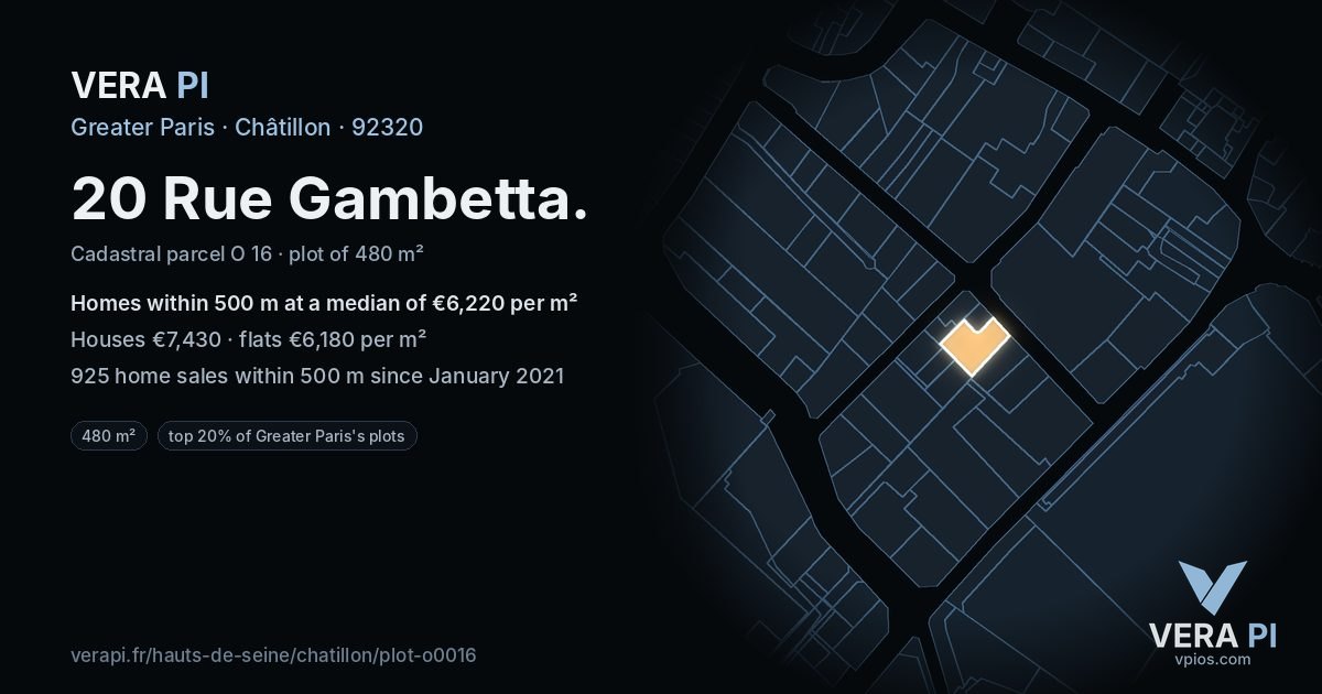 20 Rue Gambetta, Châtillon at night – the plot lit, the parcels around coloured by the prices near them
