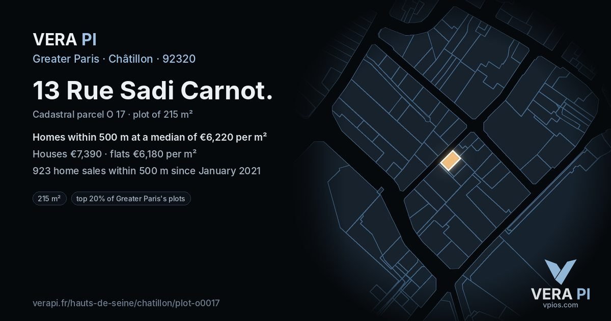 13 Rue Sadi Carnot, Châtillon at night – the plot lit, the parcels around coloured by the prices near them