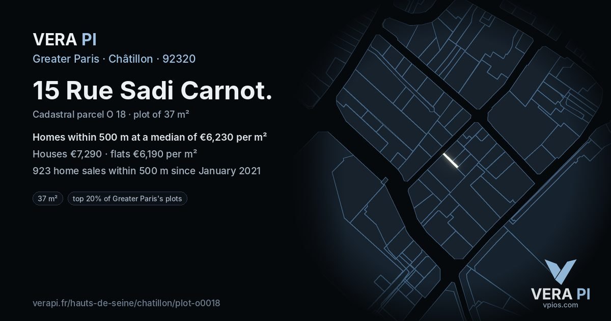 15 Rue Sadi Carnot, Châtillon at night – the plot lit, the parcels around coloured by the prices near them
