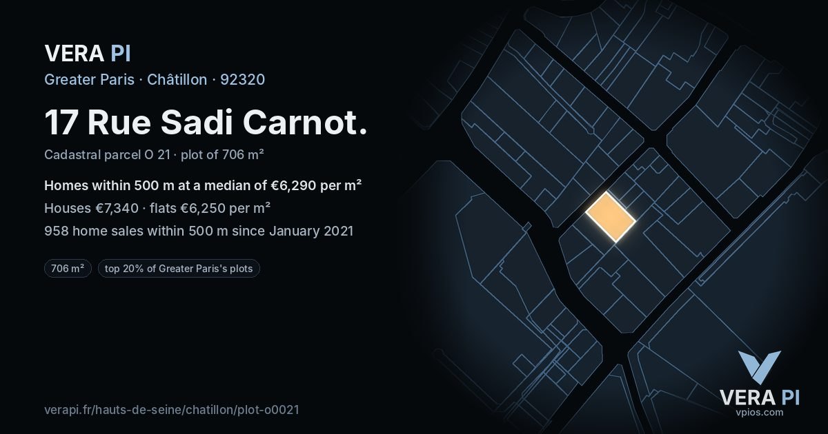 17 Rue Sadi Carnot, Châtillon at night – the plot lit, the parcels around coloured by the prices near them