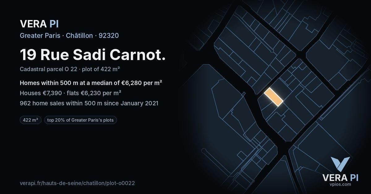 19 Rue Sadi Carnot, Châtillon at night – the plot lit, the parcels around coloured by the prices near them