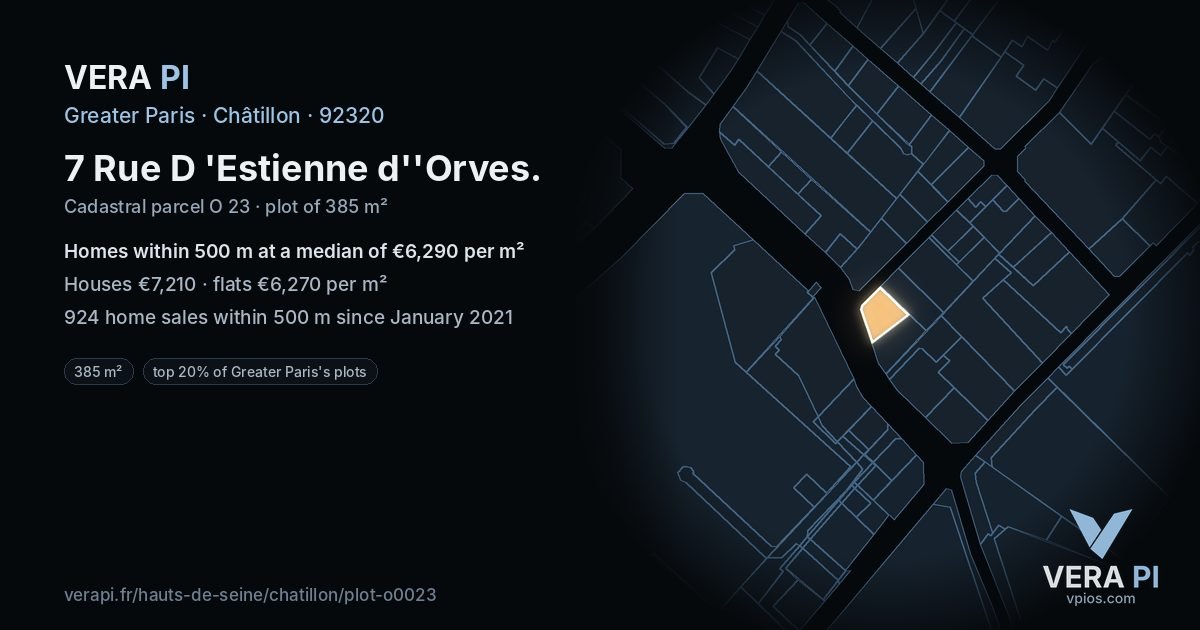 7 Rue D 'Estienne d''Orves, Châtillon at night – the plot lit, the parcels around coloured by the prices near them