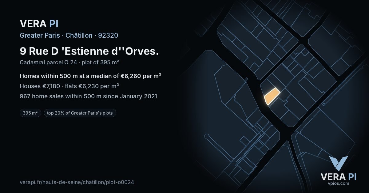 9 Rue D 'Estienne d''Orves, Châtillon at night – the plot lit, the parcels around coloured by the prices near them