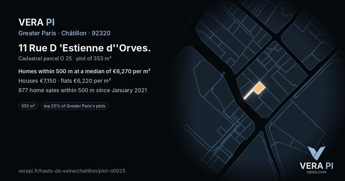 11 Rue D 'Estienne d''Orves, Châtillon at night – the plot lit, the parcels around coloured by the prices near them