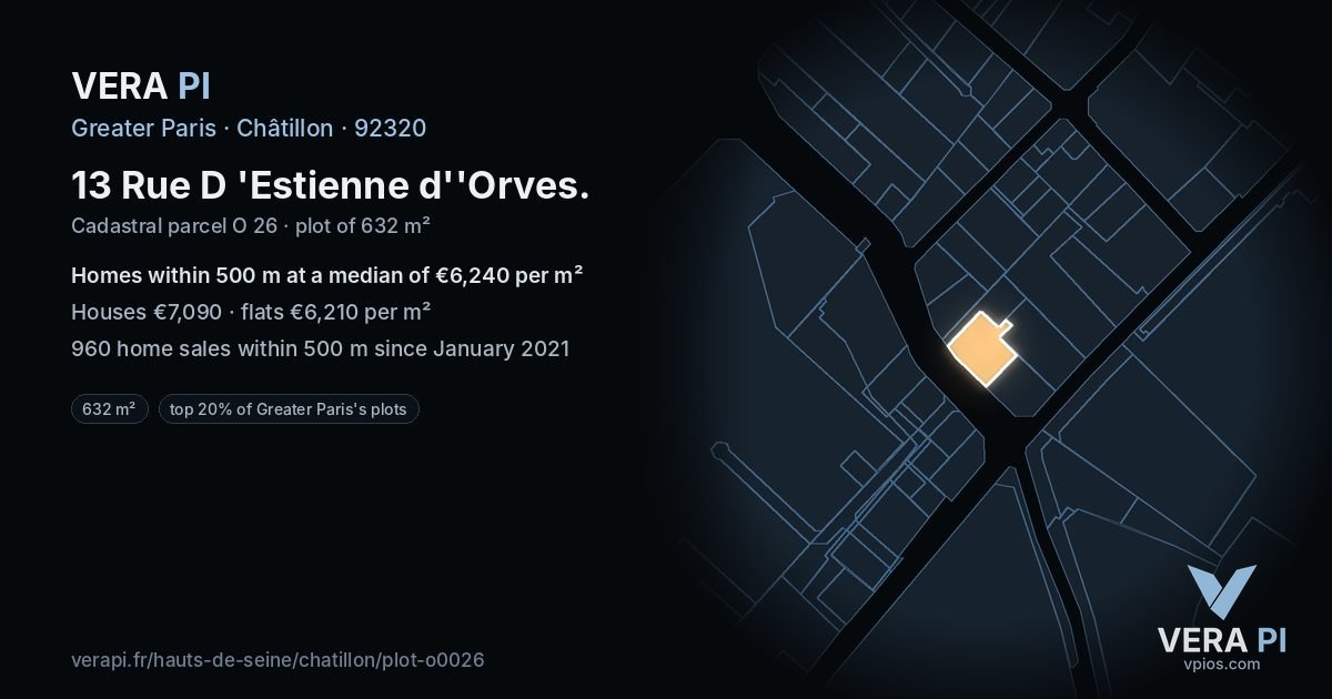 13 Rue D 'Estienne d''Orves, Châtillon at night – the plot lit, the parcels around coloured by the prices near them