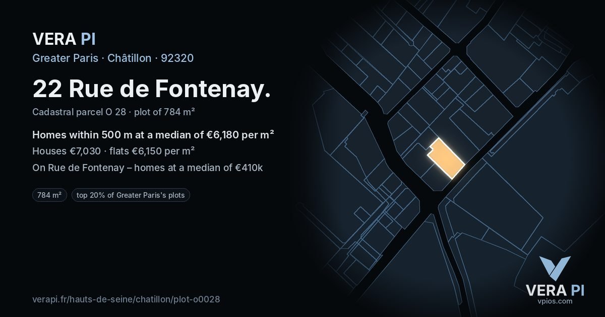 22 Rue de Fontenay, Châtillon at night – the plot lit, the parcels around coloured by the prices near them