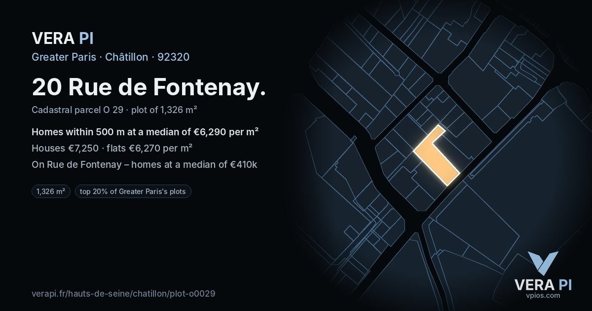 20 Rue de Fontenay, Châtillon at night – the plot lit, the parcels around coloured by the prices near them