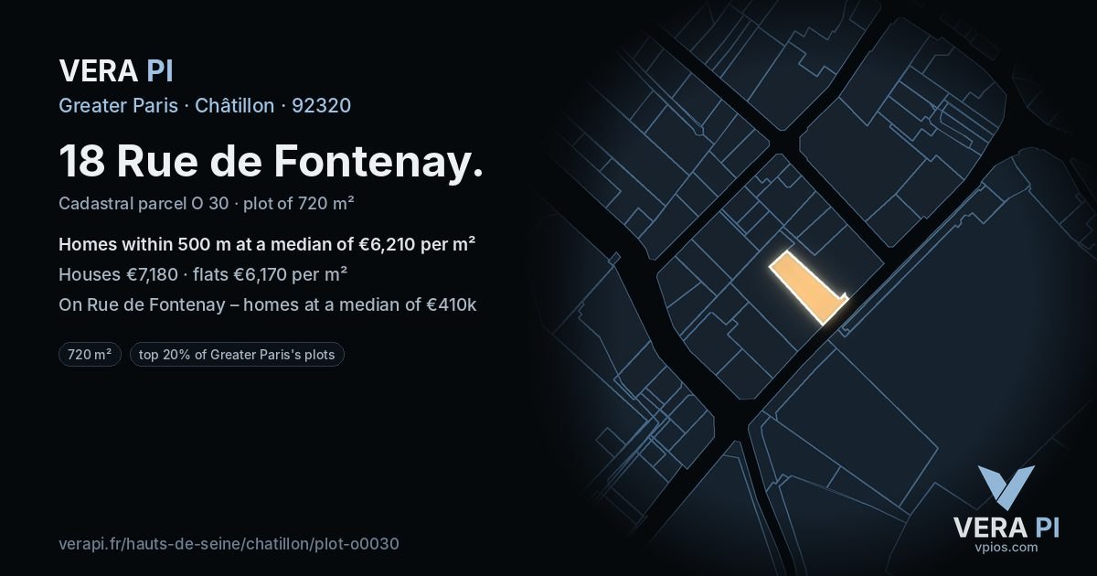 18 Rue de Fontenay, Châtillon at night – the plot lit, the parcels around coloured by the prices near them