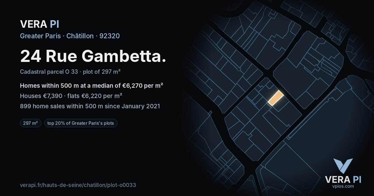 24 Rue Gambetta, Châtillon at night – the plot lit, the parcels around coloured by the prices near them
