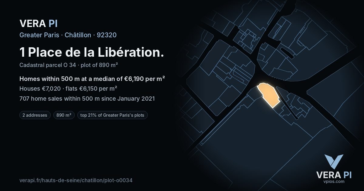 1 Place de la Libération, Châtillon at night – the plot lit, the parcels around coloured by the prices near them