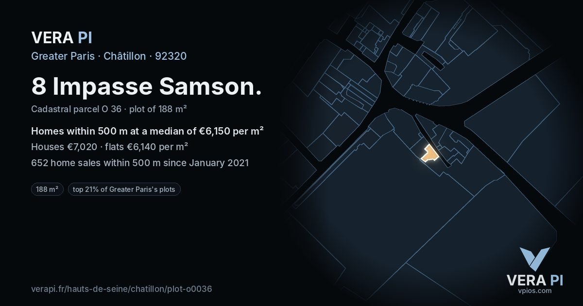 8 Impasse Samson, Châtillon at night – the plot lit, the parcels around coloured by the prices near them