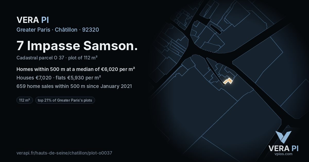 7 Impasse Samson, Châtillon at night – the plot lit, the parcels around coloured by the prices near them