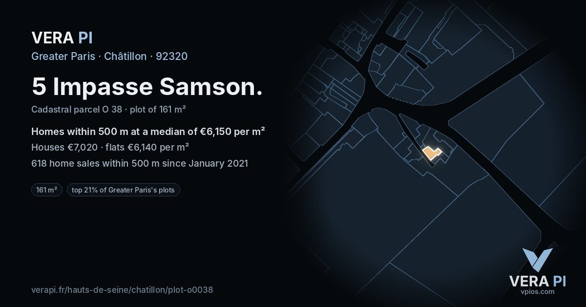 5 Impasse Samson, Châtillon at night – the plot lit, the parcels around coloured by the prices near them