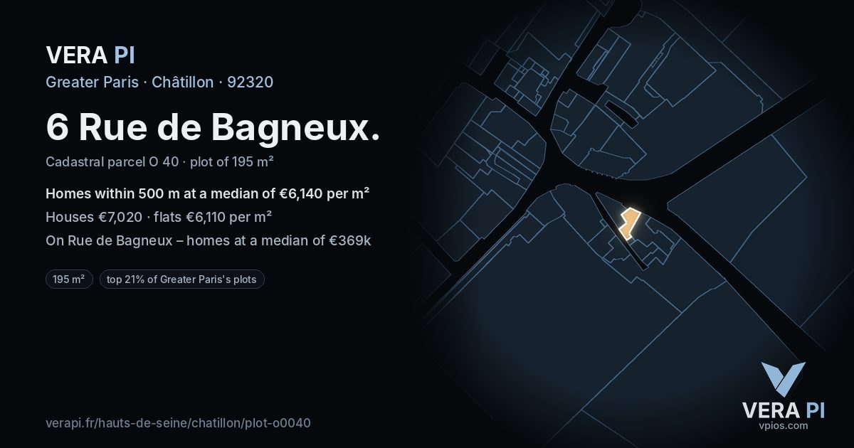 6 Rue de Bagneux, Châtillon at night – the plot lit, the parcels around coloured by the prices near them