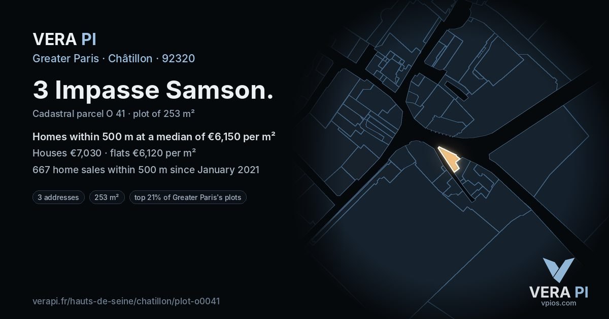 3 Impasse Samson, Châtillon at night – the plot lit, the parcels around coloured by the prices near them