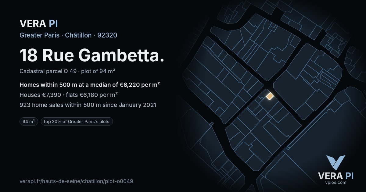 18 Rue Gambetta, Châtillon at night – the plot lit, the parcels around coloured by the prices near them