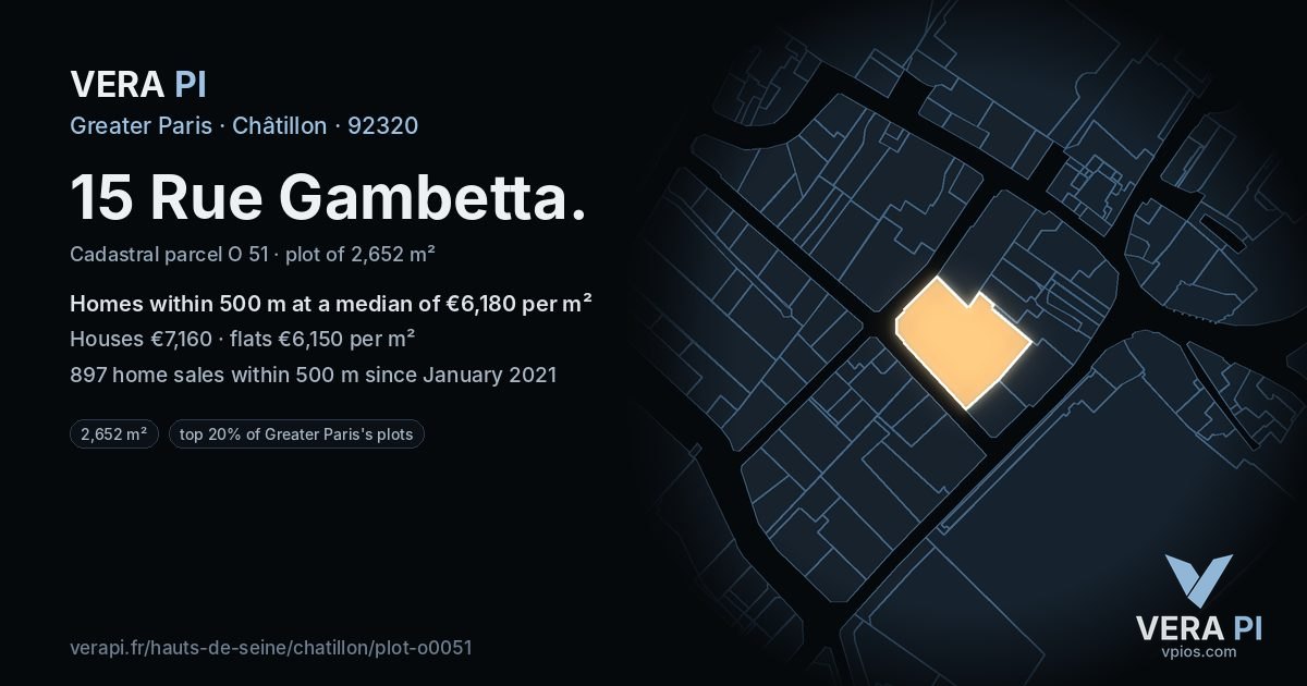 15 Rue Gambetta, Châtillon at night – the plot lit, the parcels around coloured by the prices near them