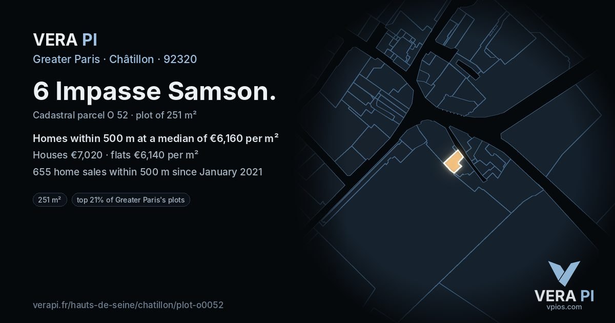 6 Impasse Samson, Châtillon at night – the plot lit, the parcels around coloured by the prices near them