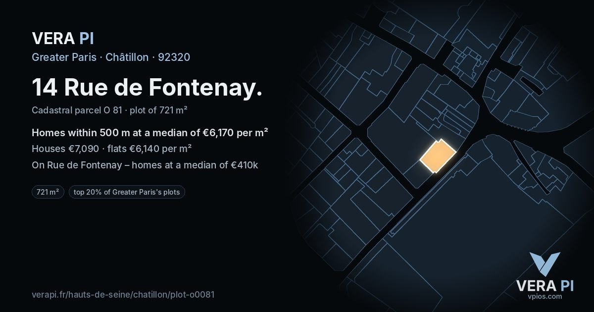 14 Rue de Fontenay, Châtillon at night – the plot lit, the parcels around coloured by the prices near them