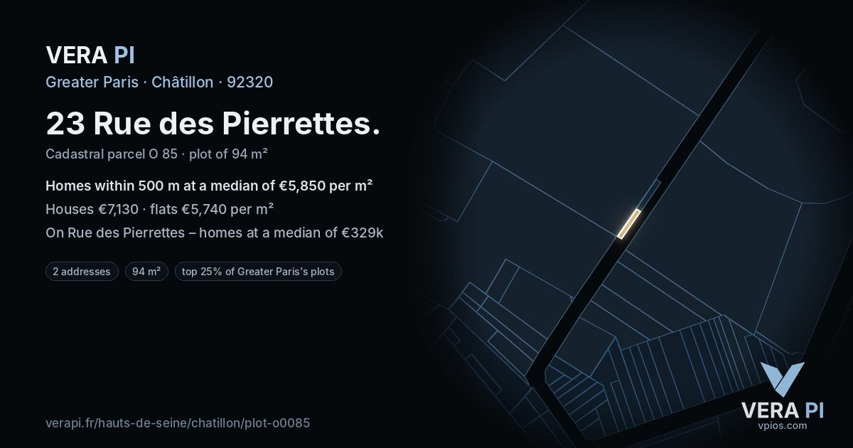 23 Rue des Pierrettes, Châtillon at night – the plot lit, the parcels around coloured by the prices near them