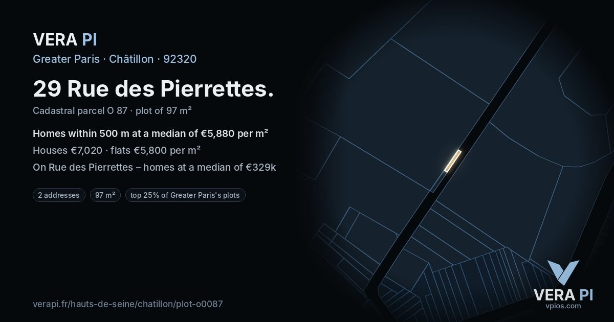 29 Rue des Pierrettes, Châtillon at night – the plot lit, the parcels around coloured by the prices near them