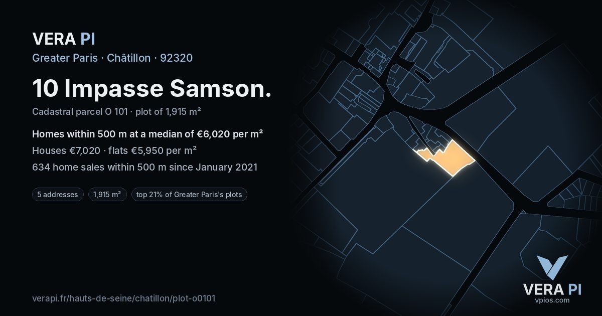 10 Impasse Samson, Châtillon at night – the plot lit, the parcels around coloured by the prices near them