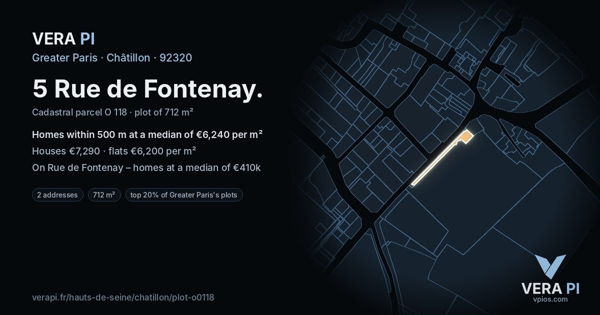 5 Rue de Fontenay, Châtillon at night – the plot lit, the parcels around coloured by the prices near them