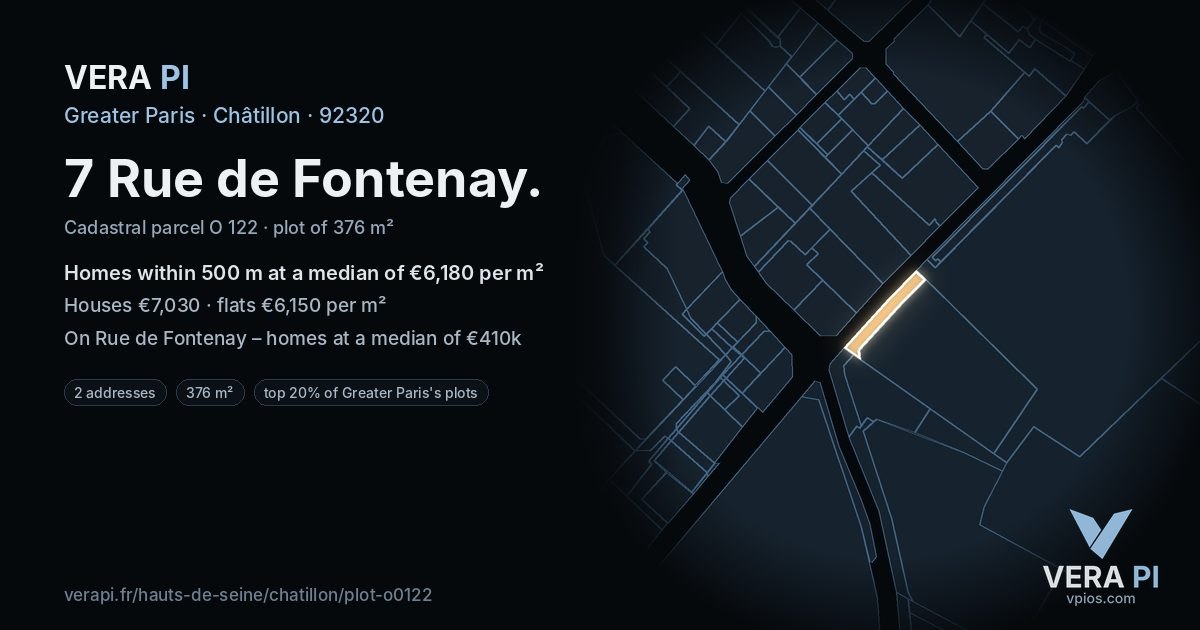 7 Rue de Fontenay, Châtillon at night – the plot lit, the parcels around coloured by the prices near them