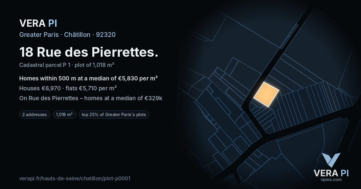 18 Rue des Pierrettes, Châtillon at night – the plot lit, the parcels around coloured by the prices near them
