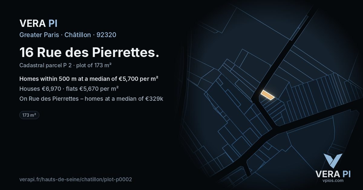 16 Rue des Pierrettes, Châtillon at night – the plot lit, the parcels around coloured by the prices near them