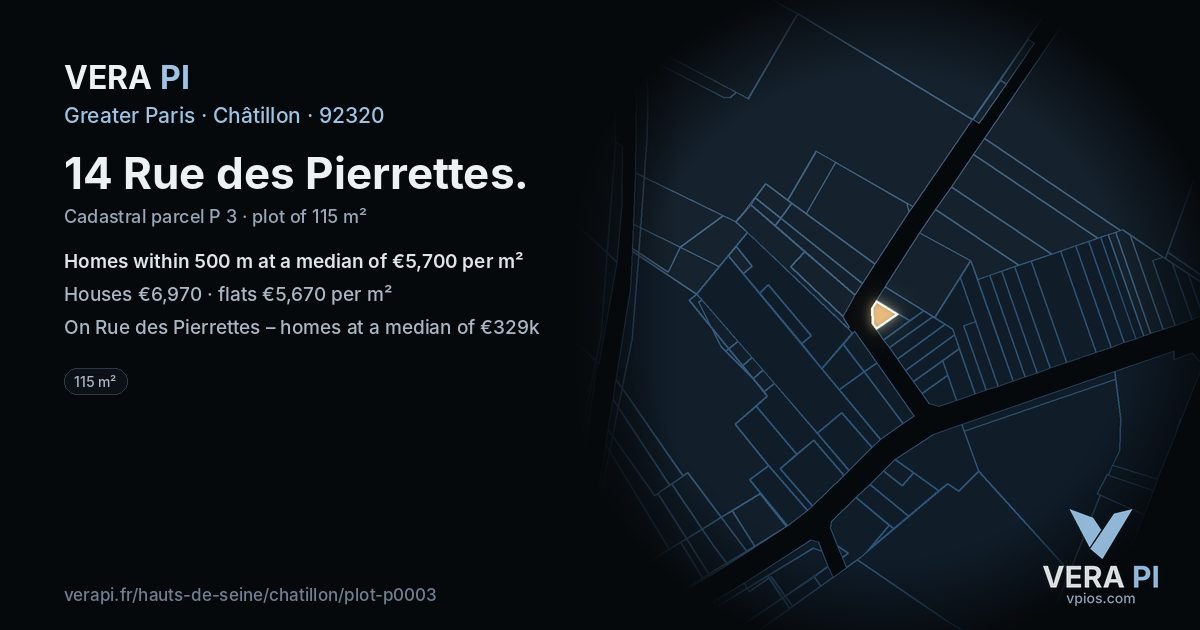 14 Rue des Pierrettes, Châtillon at night – the plot lit, the parcels around coloured by the prices near them