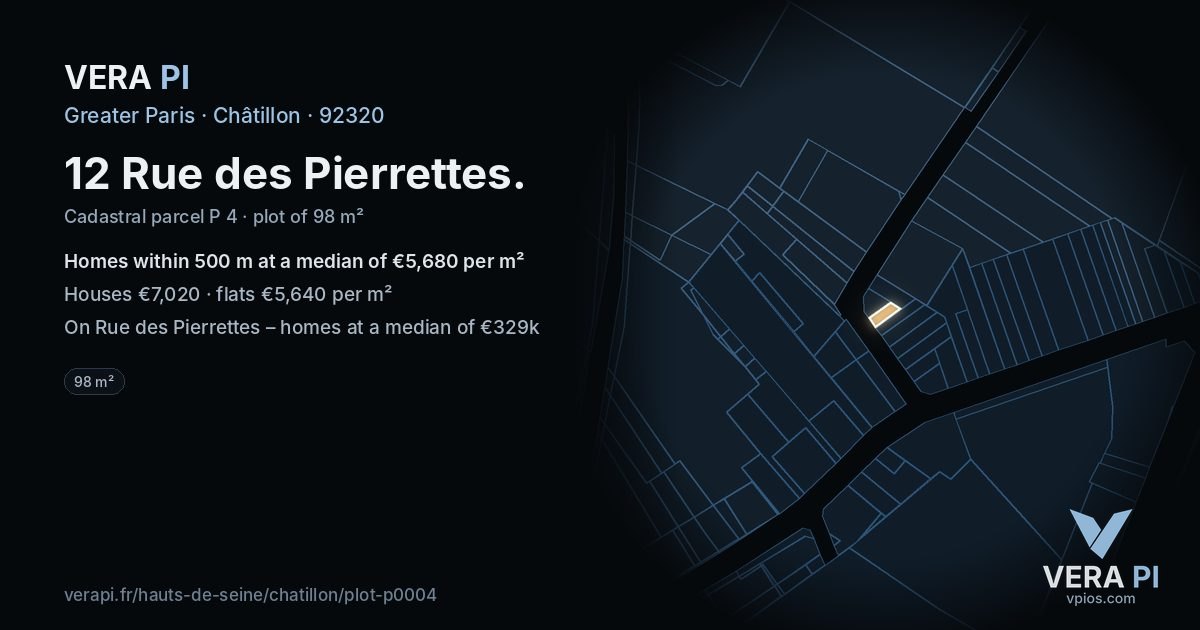12 Rue des Pierrettes, Châtillon at night – the plot lit, the parcels around coloured by the prices near them