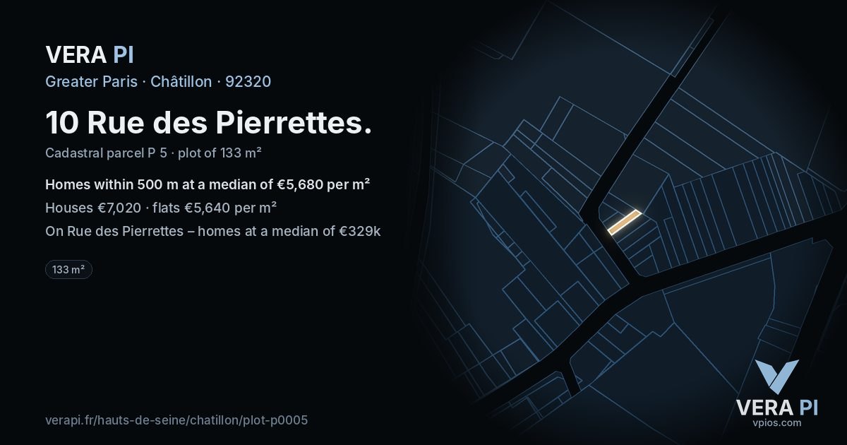 10 Rue des Pierrettes, Châtillon at night – the plot lit, the parcels around coloured by the prices near them