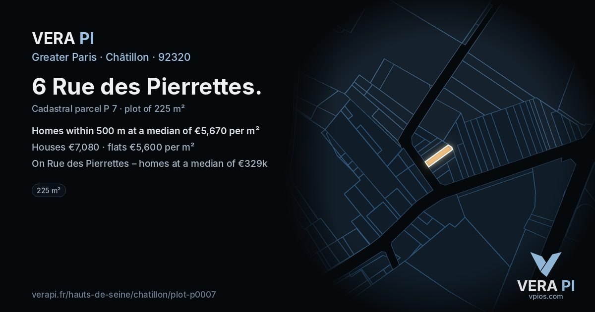 6 Rue des Pierrettes, Châtillon at night – the plot lit, the parcels around coloured by the prices near them