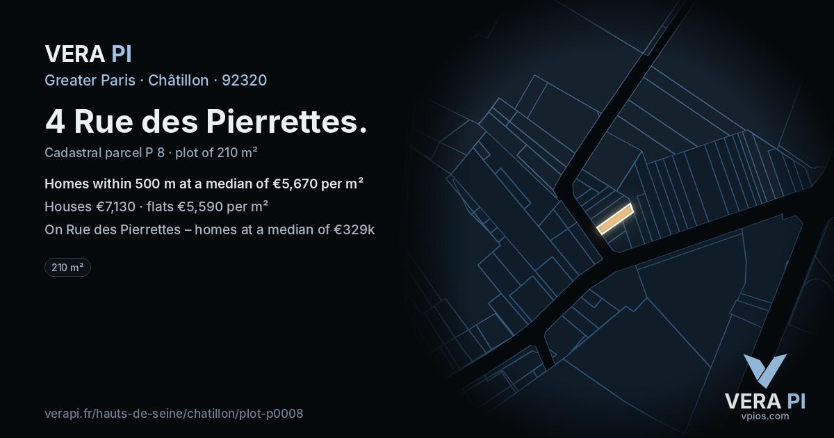 4 Rue des Pierrettes, Châtillon at night – the plot lit, the parcels around coloured by the prices near them